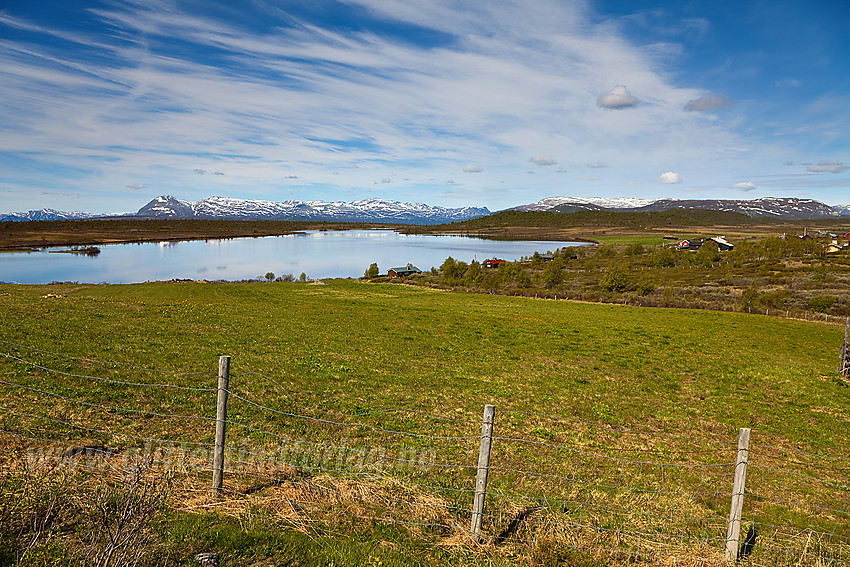 Flott sommerdag ved Valtjernstølane mot Valtjernet. I det fjerne ses bl.a. Skogshorn, Veslebotnskarvet , Storlifjellet og Grønsennknipa.