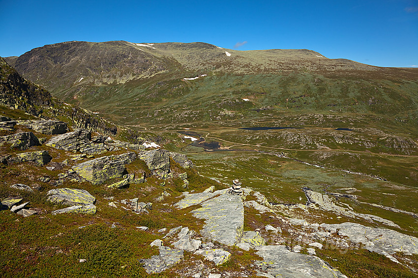 På vei ned fra Mjellknapp mot Rysndalen med Blåe Berge og Belgjinøse (1600 moh) i bakgrunnen.