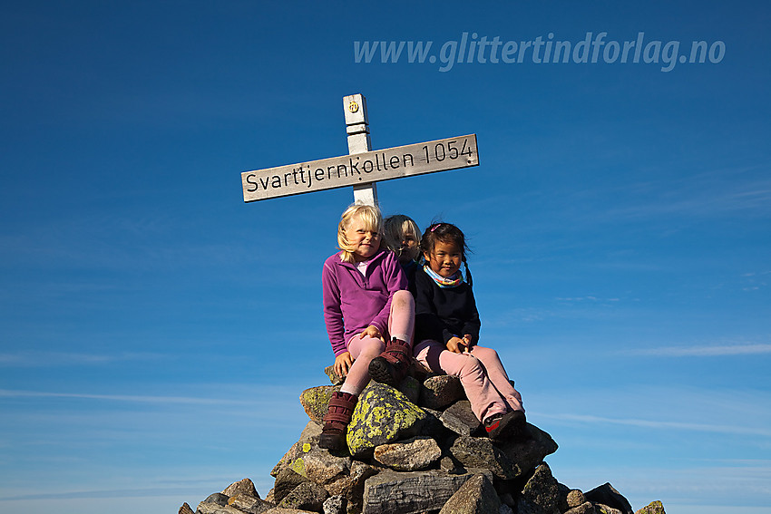 Fornøyde barn på toppen av Svarttjernkollen på Ringerike.