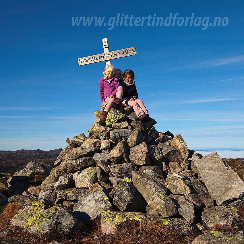 Fornøyde barn på toppen av Svarttjernkollen på Ringerike.