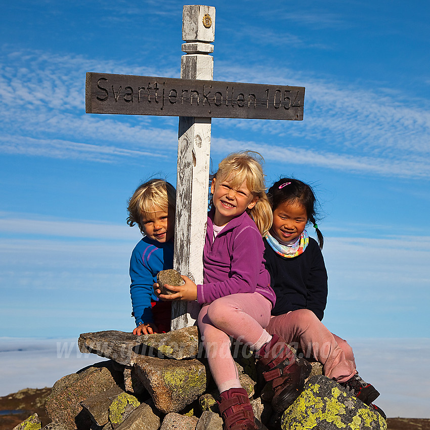 Fornøyde barn på toppen av Svarttjernkollen på Ringerike.