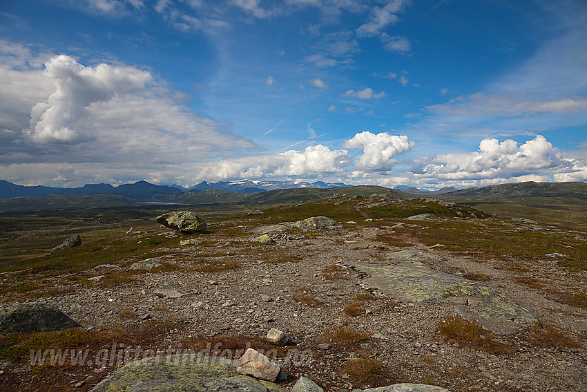 På toppen av Brummaknappen med utsikt nordvestover i retning Jotunheimen.