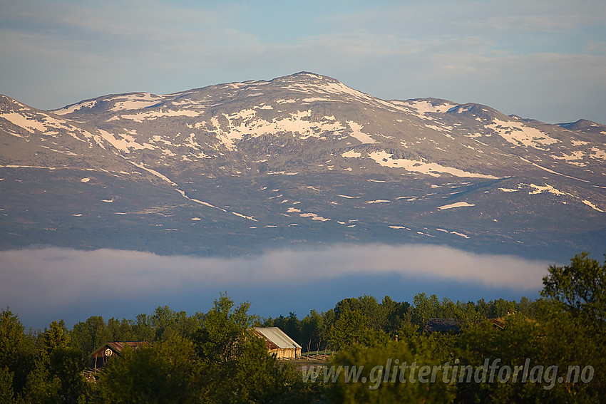 Fra Panoramaveien mot Veslebotnskarvet (1778 moh) med telelinse en sommermorgen.