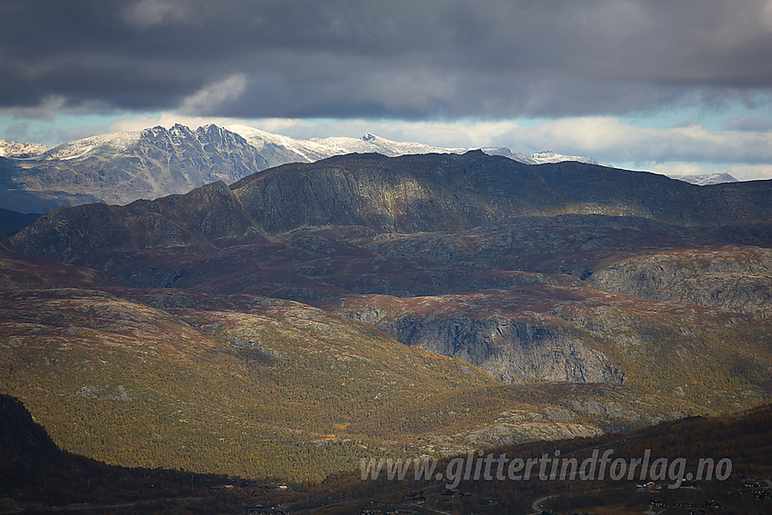 I lia ovenfor Nystuen på Filefjell med telelinse mot Horntinden (1454 moh). Lenger bak ses Jotunheimen med Torfinnstindane.