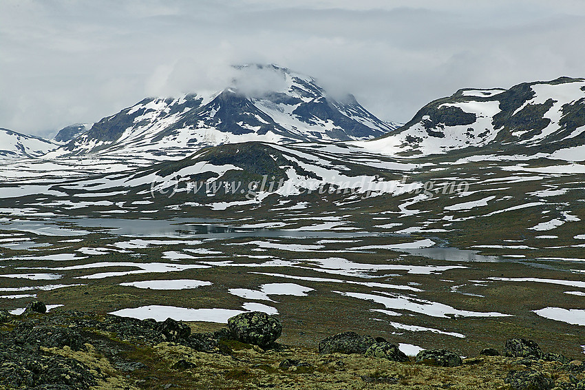 Utsikt vest til nordvestover fra Gjendetunga mot Grisletjønnen og Snøholstinden (2141 moh. - delvis innhyllet i tåke.)