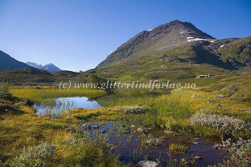 Idyllisk morgenstemning ved oset på Øvre Halsatjønne, langs riksvei 55 like ved Jotunheimen Fjellstue. Veslloftet ruver i forgrunnen, mens Vestre Tverrbottindan kan anes i bakgrunnen til venstre.