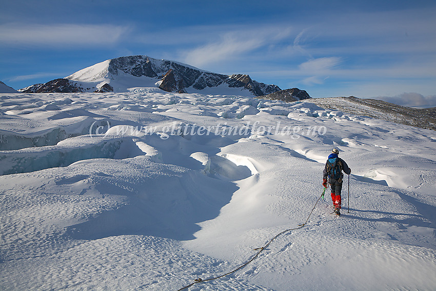 Brevandring på Veorbrean med Leirhøe (2330 moh.) i bakgrunnen.