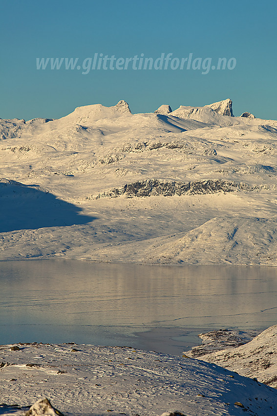 Fra Målegge mot Tyin med Hjelledalstinden, Stølsnostinden, Koldedalstinden og Falketind i bakgrunnen.