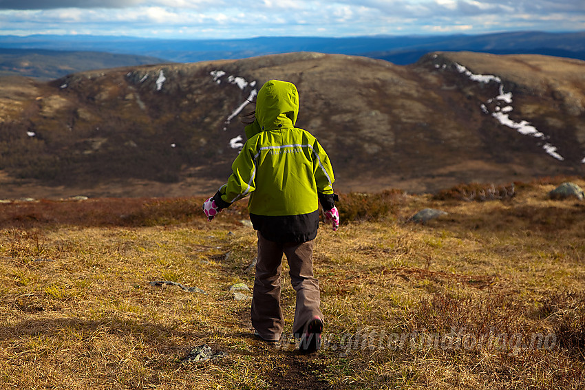 På vei ned fra Kjølafjellet med Gravfjellet i bakgrunnen.