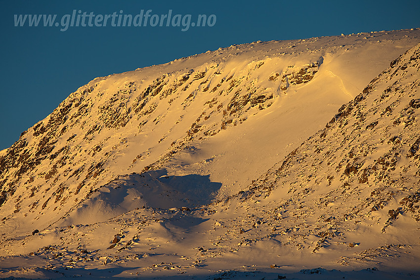 Den sørvendte breen mellom Rasletinden og Øystre Rasletinden. En fin men noe bratt oppgang til begge. Rasletinden ligger et stykke inne på flata bak himmelranda på bildet.