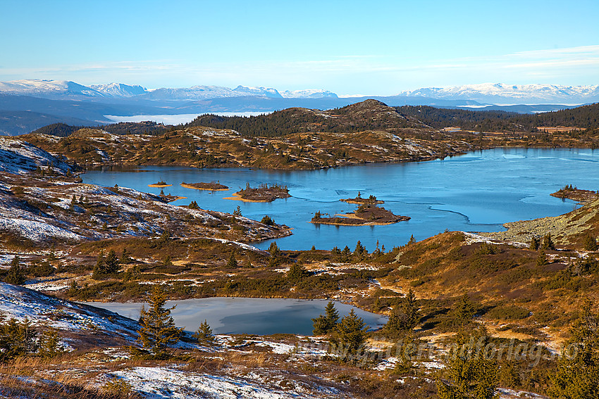 Formidabel utsikt fra (nesten) Bjørgovarden mot Langevatnet og Steinknatten med snøhvite høyfjell i Vang som kulisse.