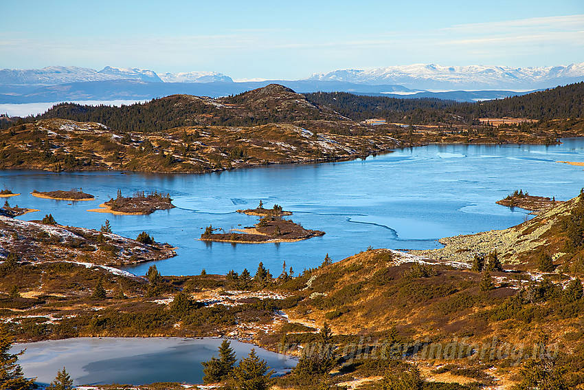 Formidabel utsikt fra (nesten) Bjørgovarden mot Langevatnet og Steinknatten med snøhvite høyfjell i Vang som kulisse.