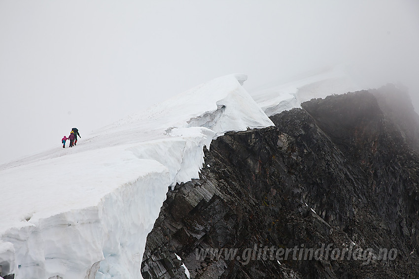 På vei opp den noe avsmeltede og isete toppbreen mot Glittertinden. Dessverre skjuler toppen seg i tåka.