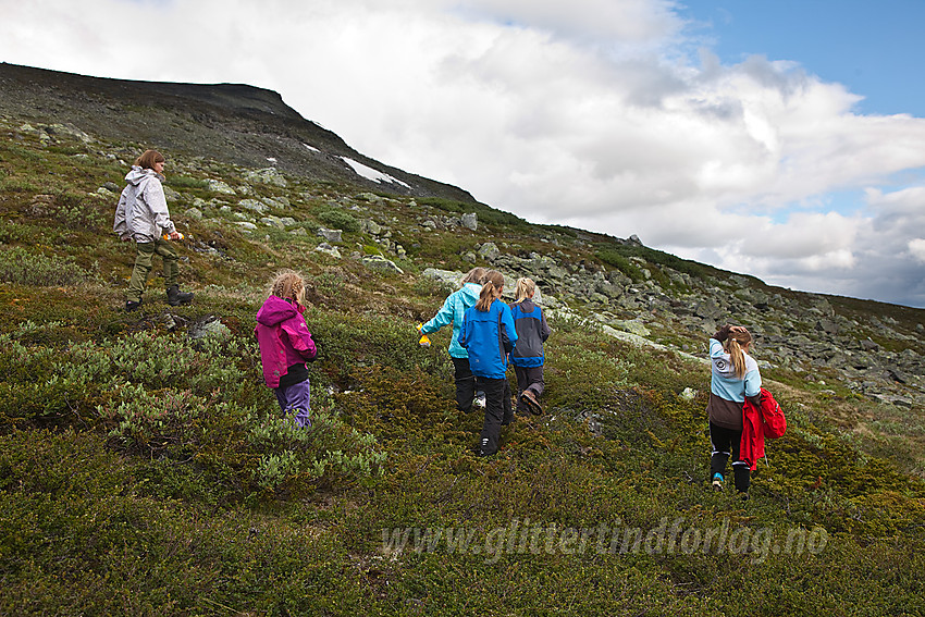 Geocaching/skattejakt ved Glitterheim under felles familietur med DNT Valdres.