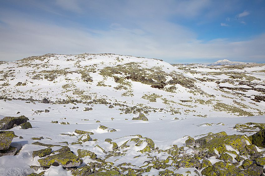 Mælefjell (1413 moh) midt i mot og Gaustatoppen langt bak til høyre.