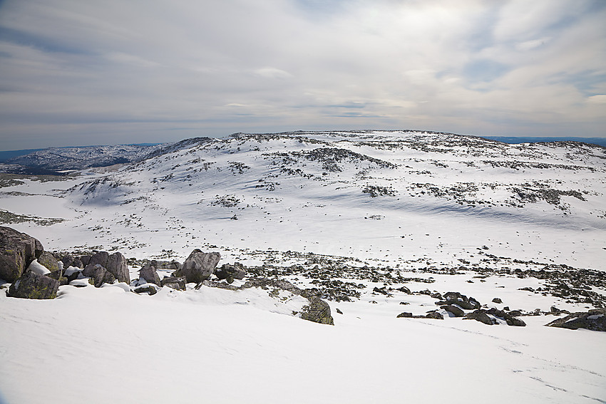 Fra siste kneika mot Mælefjell med utsikt sørover til Steinfjellet (1398 moh).