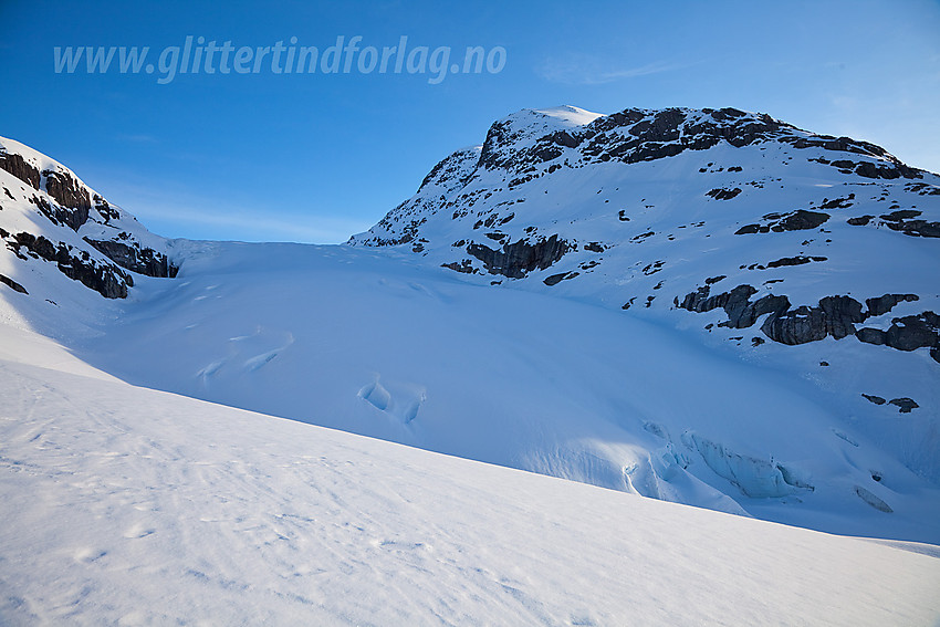 Fronten på Haugabreen, brearm på Myklebustbreen. Søre Kvannefjellet oppe til høyre.