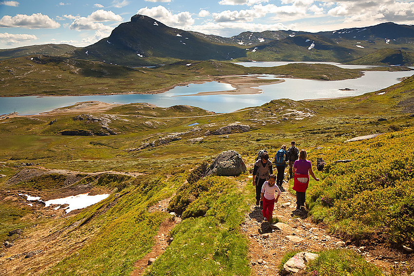 På vei opp lia fra Fagerstrand mot Fagerdalen. I bakgrunnen Raudfjorden og Bitihorn.