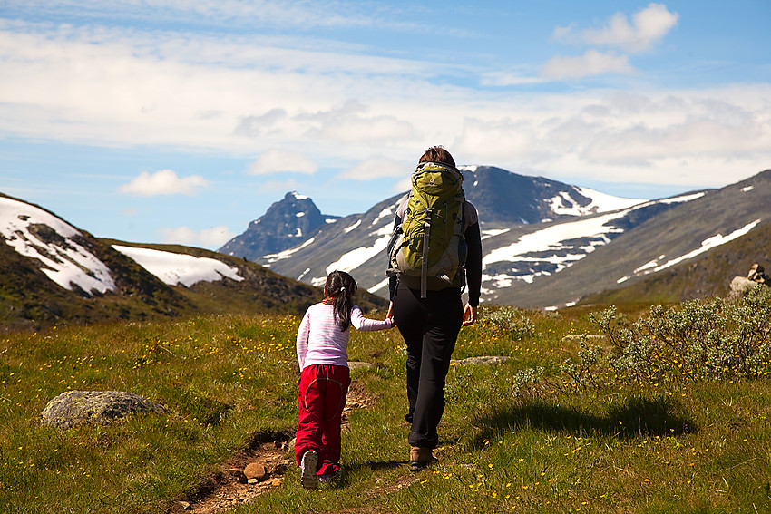 På tur innover Heimre Fagerdalen. I bakgrunnen anes Torfinnstindane og Nørdre Kalvehølotinden.