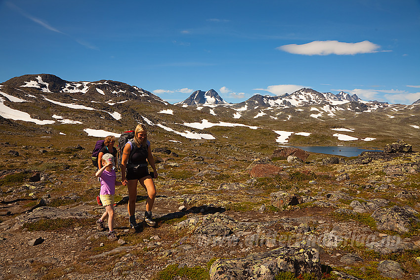 På vei over Memurutunga fra Gjendebu til Memurubu. I bakgrunnen til venstre ses Høgtunga og lenger unna bl.a. Semeltinden, Hinnåtfjellet og Hellstugutinder.