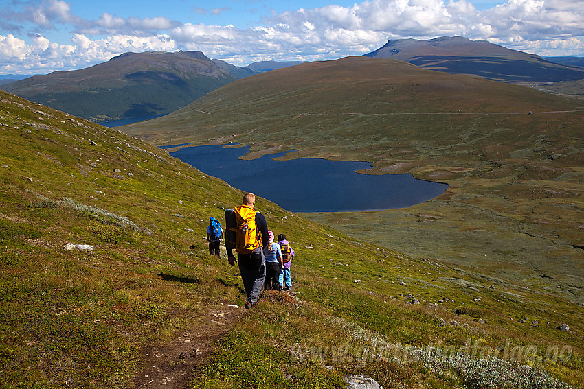 På vei ned fra Grindane med f.v. Gilafjellet, Grindetjednet, Smådalsfjellet og Storlifjellet.