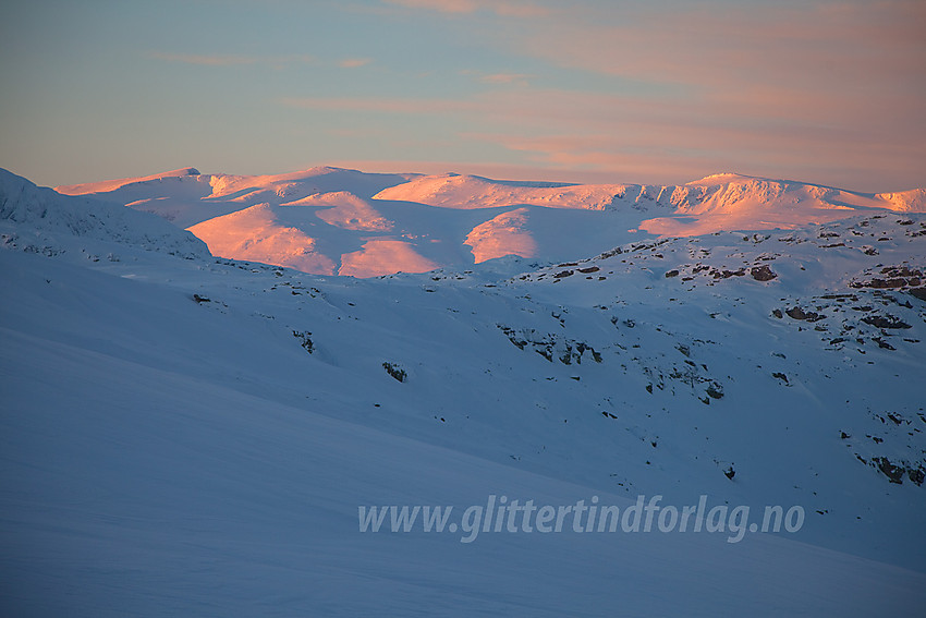 Fra Heklefjell mot Jotunheimen med Kalvehøgde i kveldslys.