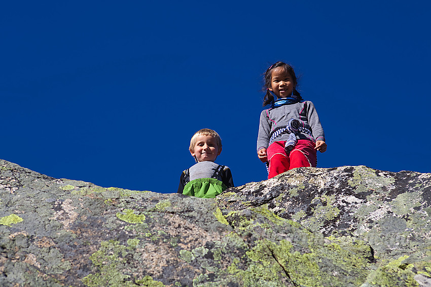 Poserende på en stein ved stien mot Skjøld i Vang.