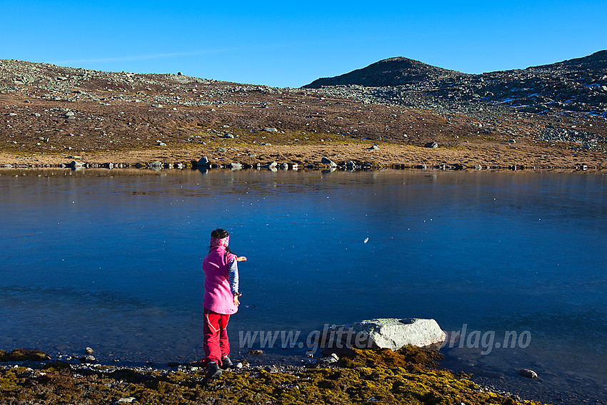 Lek ved et islagt tjern like ved toppen på Bergsfjellet.