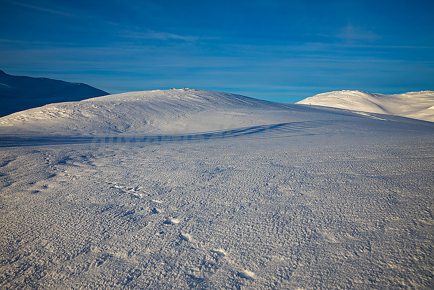 Snøfangergjerde kaster lange skarpe skygger på snøflatene ovenfor Tyinstølen.