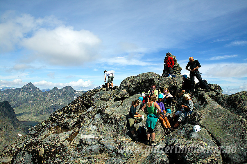 Folksomt på toppen av Øystre Torfinnstinden (2120 moh) en flott sommerdag. I bakgrunnen ses en flik av Svartdalen og Store Knutsholstinden (2341 moh) som den høyeste tinden.