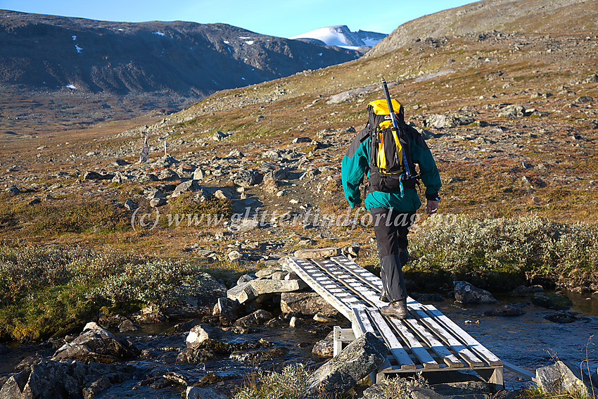 På klopp over Steinbuelve i Veodalen på vei oppover dalen langsetter merket sti mot Spiterstulen.