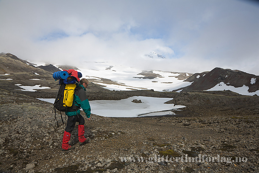 På vei opp Ekerolddalen. I bakgrunnen kommer vi mer og mer over på snø, og overgangen fra snøfonner til selve isbreen er nesten umerkelig. En del av Beerenbergmassivet skimtes gjennom skyene.