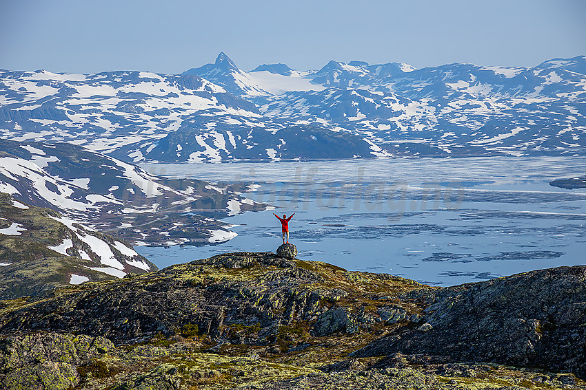 På toppen av Stølsnøse med utsikt mot Tyin og Jotunheimen.