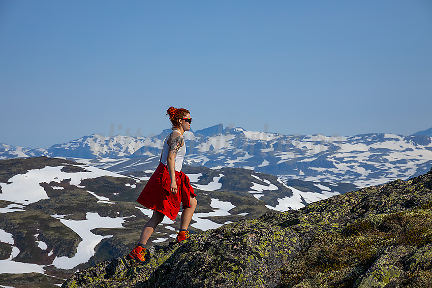 På toppen av Stølsnøse med utsikt mot Tyin og Jotunheimen.