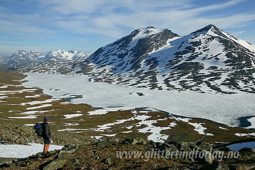 Oppe i lia på nordsiden av Langvatnet med Skarddalseggje (2159 moh) og Skarddalstinden (2100 moh) i bakgrunnen.