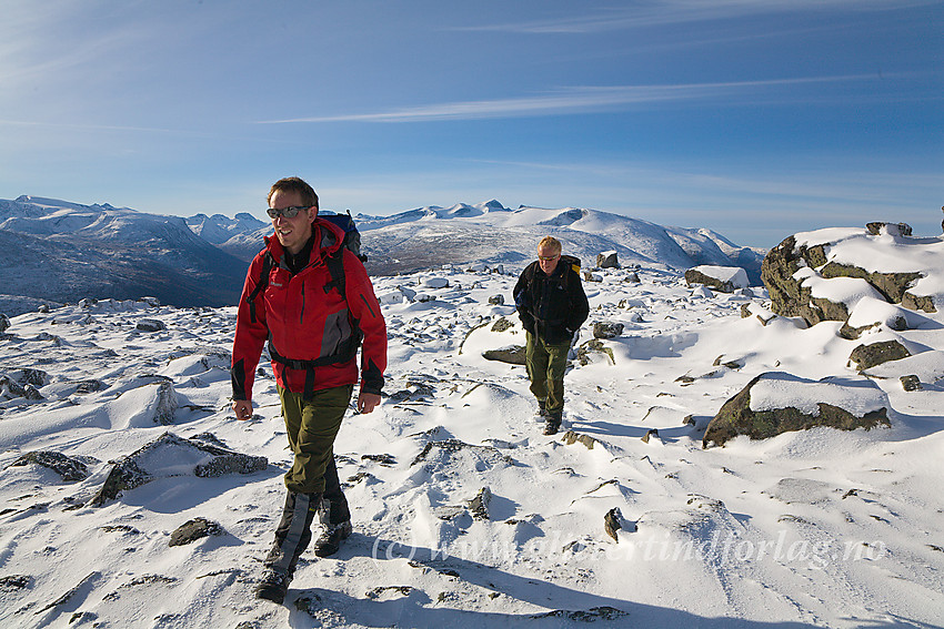 På vei mot Lauvhøe fra vest. I bakgrunnen dominerer Galdhøpiggen (2469 moh).