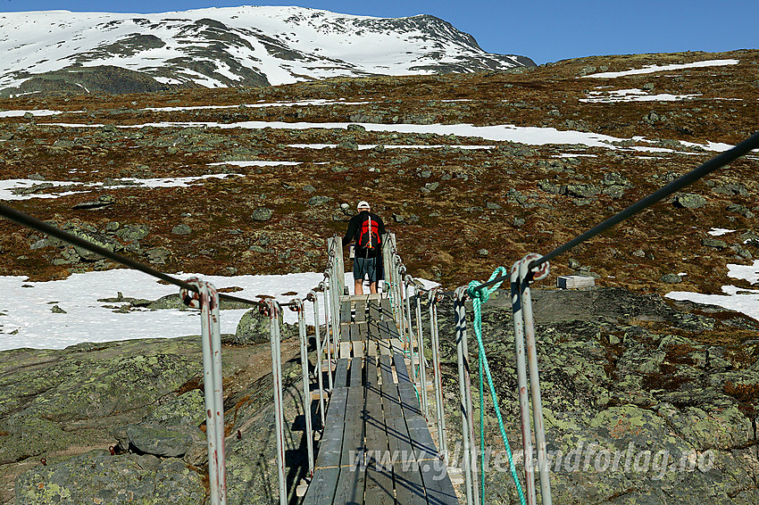På flott hengebro over Høystakka. I bakgrunnen ruver den sørlige skulderen til Galdebergtinden.