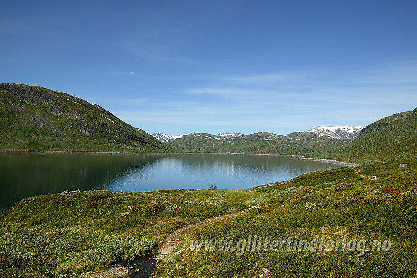 Flott sommerdag på nordsiden av Bygdin, omtrent der stien langs vannet begynner å klatre oppover mot Høystakka. I bakgrunnen skimtes Eidsbugarden.