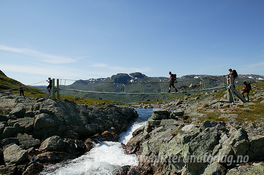 Hengebro over Høystakka krysses på stien fra Eidsbugarden mot Gjendebu og Torfinnsbu. I bakgrunnen toppen Hundeknappen på sørsiden av Bygdin.