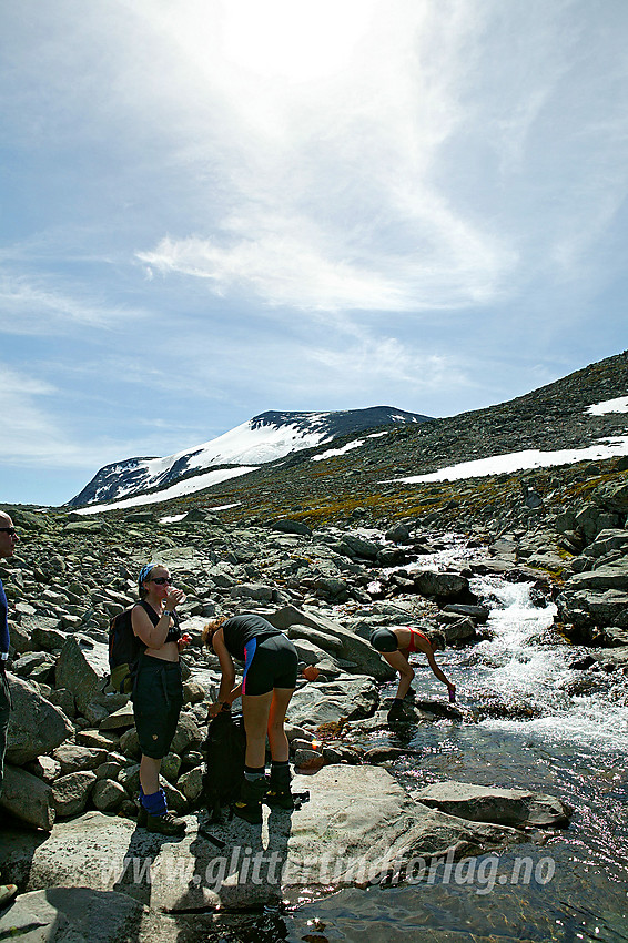 Drikkepause ved Uksedalsbekken på tur til Slettmarkpiggen. I bakgrunnen ses Galdebergtinden (2075 moh).