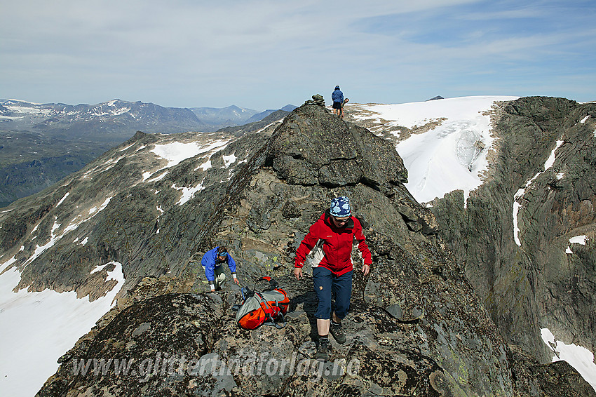 Fra det laveste mot det høyeste toppunktet på Slettmarkpiggen (2164 moh). I bakgrunnen snødekte Slettmarkhøe (2190 moh).
