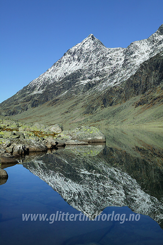 Store Knutsholstinden (2341 moh) sett sørfra ved vestbredden på sørligste Svartdalstjønn.