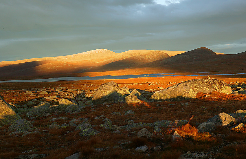 Høstkveld på Valdresflye med utsikt i østlig retning mot Fisketjerni og Gråhøe (1779 moh).