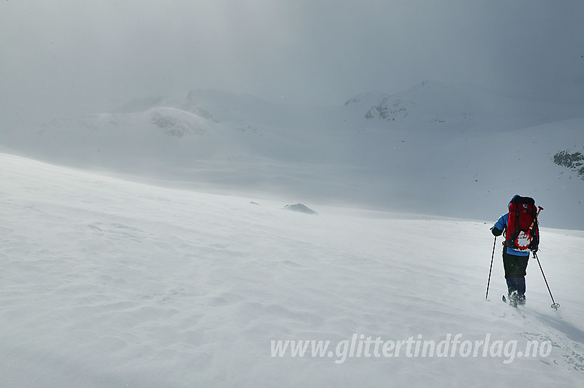 På vei over fra Langedalen mot Veslådalen. Sola gløtter av og til gjennom skylaget og vinden får et ullent lag med snø til å fyke over flyene.