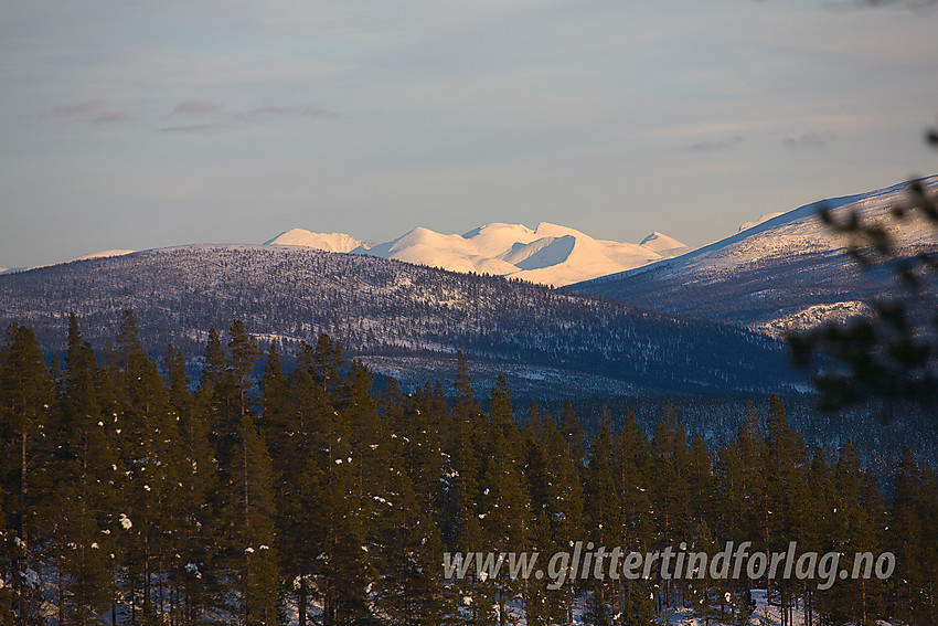 I Sjodalen, omtrent der Veodalen kommer innpå, med utsikt mot Rondane og Snauhovda (1084 moh i forgrunnen).