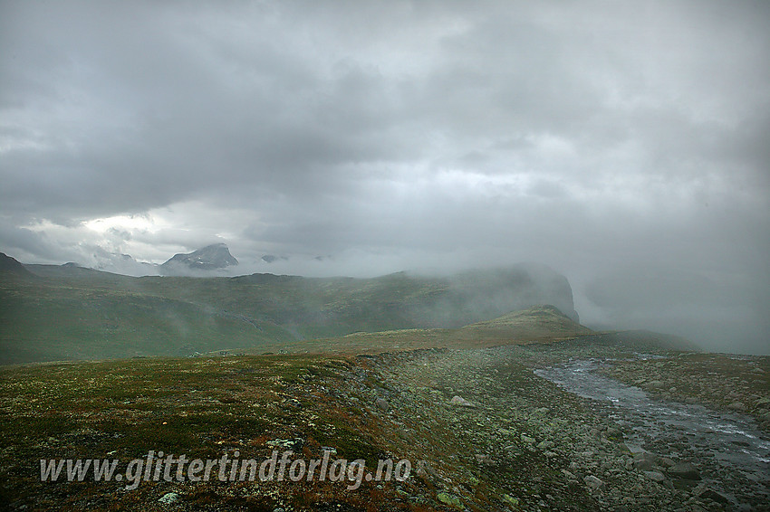 Gråværsstemning over Slettmarken. Elva fra Slettmarkbrean til høyre og Gjendetunga (1516 moh) i bakgrunnen.