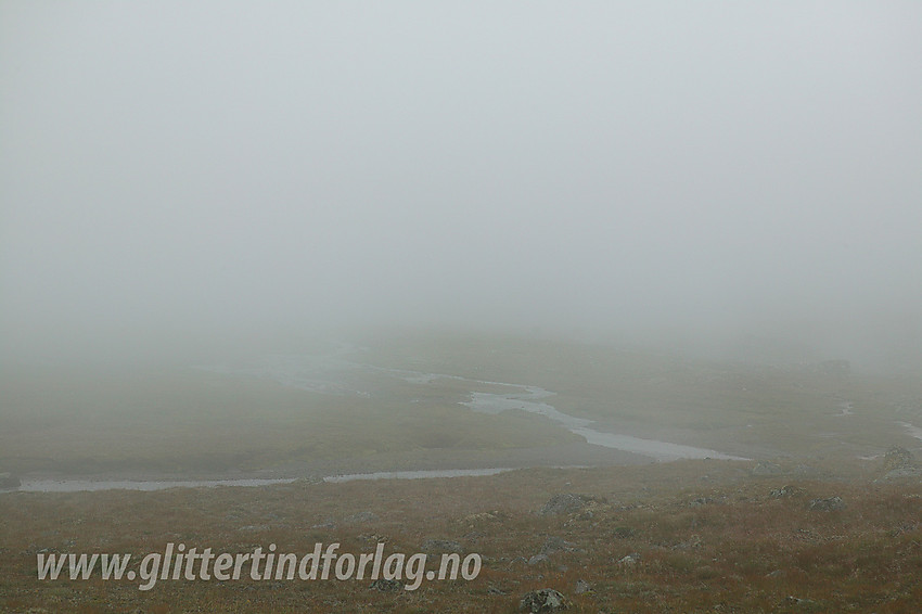 Tett tåke over Slettmarken under en tur til Slettmarkbrean. Elva fra breen ses på bildet.