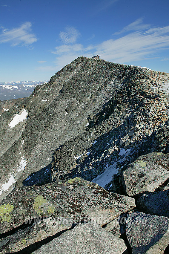 Toppen av Galdhøpiggen (2469 moh.) med den karakteristiske hytta sett fra sør, der ryggen mot Storjuvtinden begynner.