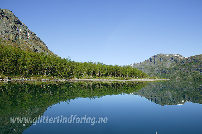 På neset der Skarvflyåe flyter ut i Gjende finner man på østsiden (midt på bildet) en herlig liten strand.